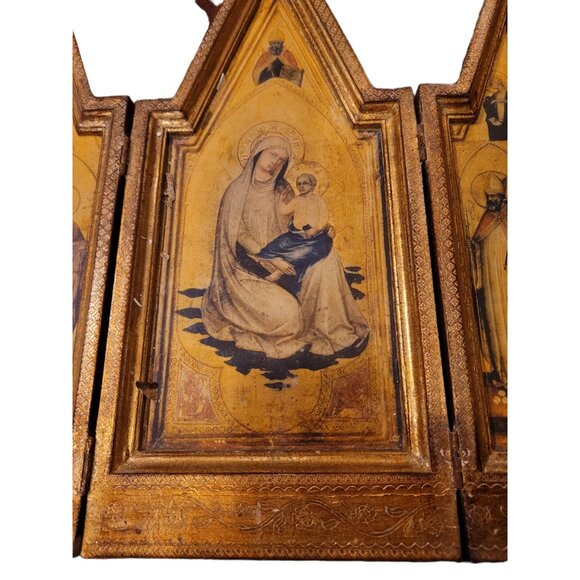 1940's Florentine Gilt Religious Tryptic - Madonna & Child - Picture 4 of 13
